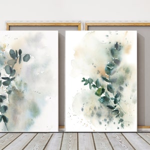 Eucalyptus Leaf Paintings Set of 2 Pieces Prints on Canvas, Botanical Wall Art, Greenery Watercolor, Fine Art Canvas Prints Set Wall Decor