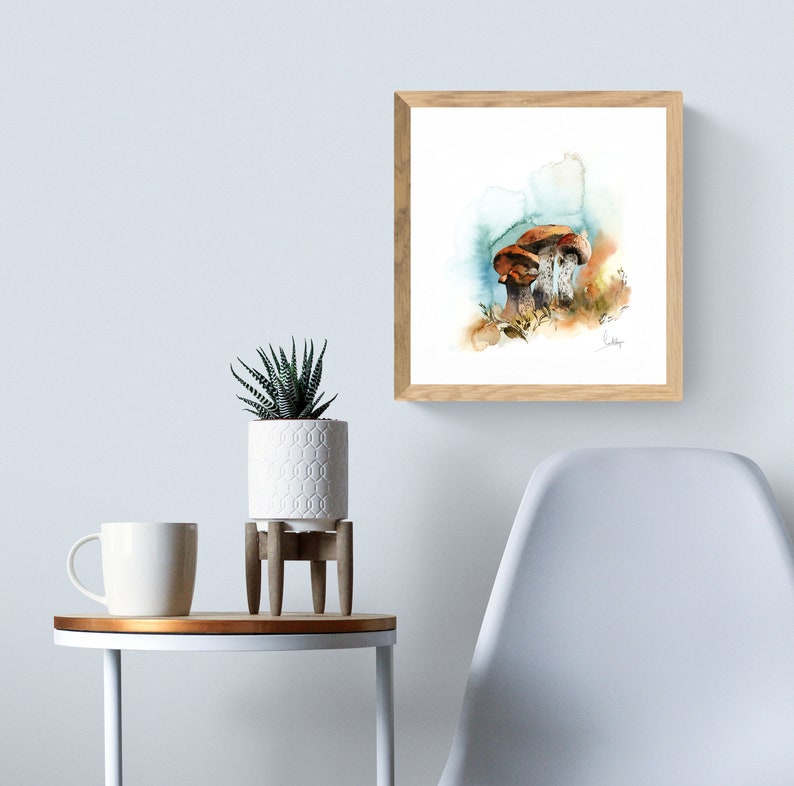 Pilze Original Aquarell Türkis Orange Malerei Kunst lose