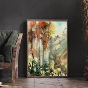 Fall Forest Painting, Autumn Landscape, Canvas Art Print, Abstract Trees Watercolor Painting, Abstract Nature Print, Woodland Wall Decor image 4