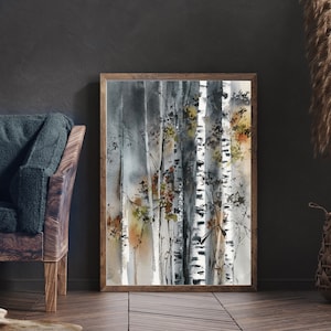 May include: Watercolor painting of birch trees in a wooden frame. The artwork features a muted color palette of gray, white, and brown, with touches of orange and green. The painting depicts a forest scene with vertical tree trunks.