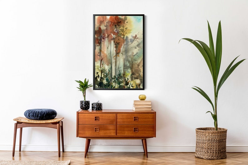 Fall Forest Painting, Autumn Landscape, Canvas Art Print, Abstract Trees Watercolor Painting, Abstract Nature Print, Woodland Wall Decor image 1