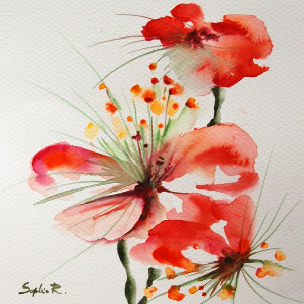 Peinture aquarelle originale de fleurs rouges, Floral Art aquarelle - atteindre le ciel