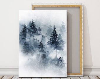 Blue Landscape Canvas Art Print, Misty Forest Pine Trees Foggy Nature Landscape Watercolor Painting, Woodland Art
