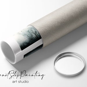 May include: A rolled-up art print featuring a watercolor landscape painting in shades of gray and black, partially visible inside a cylindrical cardboard tube. The tube is light gray, with a silver lid. The text "CanotStopPainting art studio" is at the bottom.