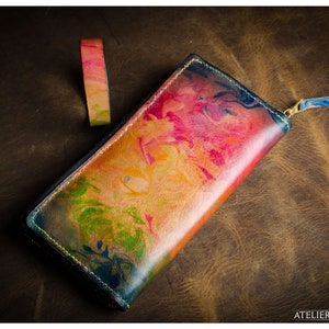 Custom Rainbow Marbled / Tie Dye and French Chevre Leather Long Zipper Wallet with snap cuff