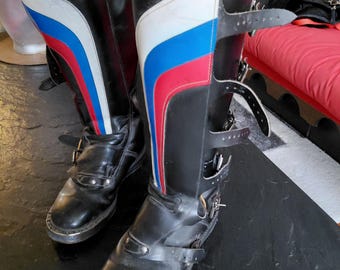 1970s Hondaline Leather Red Blue Black Motorcycle Boots Motocross Mens 7