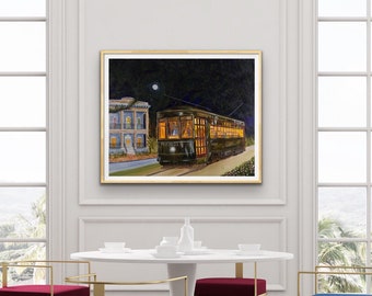 New Orleans Art AVENUE STREETCAR Print of Acrylic Painting Moonlight Fine Art Print  Green Streetcar on St. Charles Avenue