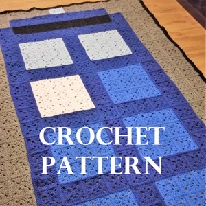 May include: Crochet pattern for a TARDIS blanket. The blanket is made of different shades of blue, white, and brown yarn. The blanket is made in a square pattern with a black border.