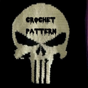 May include: A crochet pattern for a white skull with the words "CROCHET PATTERN" in black dripping letters.