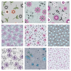 May include: Nine different floral patterns in shades of blue, pink, and gray. Each pattern features a different floral design, including small flowers, large flowers, and floral vines.