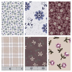May include: Six fabric swatches with different patterns. The top row features a white fabric with small blue flowers, a white fabric with larger blue flowers, and a burgundy fabric with small white flowers. The bottom row features a white and brown plaid fabric, a brown fabric with small white flowers, and a beige fabric with small pink flowers.