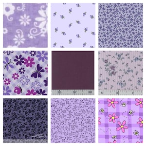 May include: A collection of nine fabric swatches in shades of purple. Patterns include floral, butterfly, and solid designs. A ruler is visible on some swatches, indicating measurements in inches.