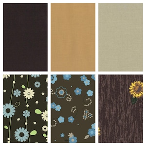 May include: A set of 9 fabric swatches featuring different patterns and textures. The swatches include a dark brown solid, a light brown solid, a light beige solid, a dark brown floral pattern with blue and white flowers, a dark brown floral pattern with blue flowers, a dark brown textured pattern, and a dark brown pattern with yellow sunflowers.