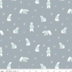 May include: A seamless pattern featuring white polar bears wearing blue and green sweaters on a light blue background. The pattern also includes snowflakes and small pine trees.