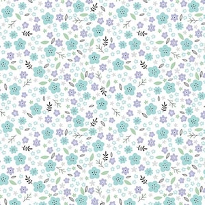 May include: A seamless pattern featuring a floral design. The pattern includes light blue, lavender, and gray flowers, along with small green leaves and dark gray sprigs, all set against a white background. The flowers are stylized and evenly distributed.