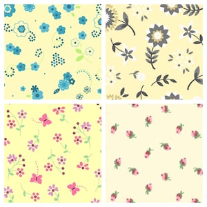 May include: Four different floral patterns on a yellow background. The top left pattern features blue flowers, the top right pattern features gray flowers, the bottom left pattern features pink and purple flowers, and the bottom right pattern features pink flowers.