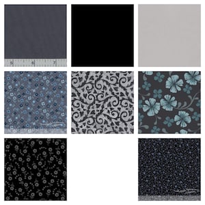 May include: A collection of nine fabric swatches in various shades of blue, gray, and black. The swatches feature different patterns, including floral, paisley, and geometric designs.
