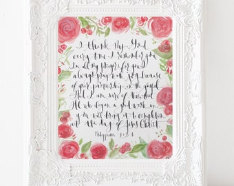 Custom Calligraphy Graduation Gift Philippians 1:3 "I thank my God" Unique hand painted art red roses for graduate, friend, college decor