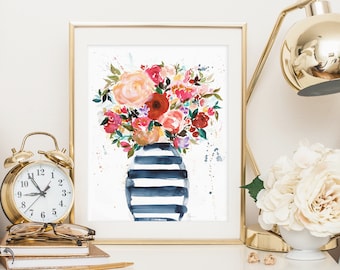 Watercolor Botanical art print-flowers in vase-8x10 wall art-original design