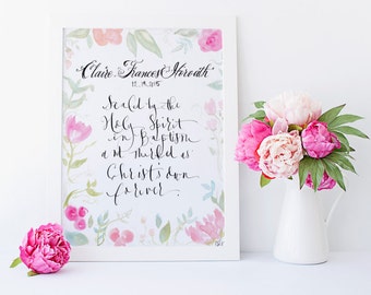 Custom Calligraphy Baptism Gift Ceremony- "Sealed by the Holy Spirit"- hand painted-illustration-floral botanical-Catholic Episcopal Liturgy