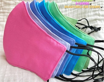 100% Cotton Made-To-Order Face Mask - Nose Wire included Washable Reusable Cotton Adjustable Elastic Filter Pocket Sizes