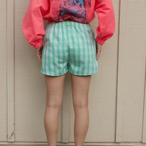 May include: A bright coral long-sleeved pullover with a graphic print featuring the text 20 PLUS and a stylized creature, paired with light green and white gingham shorts. The pullover has a zigzag pattern above the central graphic design.