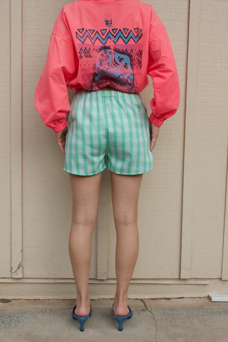 May include: A bright coral long-sleeved pullover with a graphic print featuring the text 20 PLUS and a stylized creature, paired with light green and white gingham shorts. The pullover has a zigzag pattern above the central graphic design.