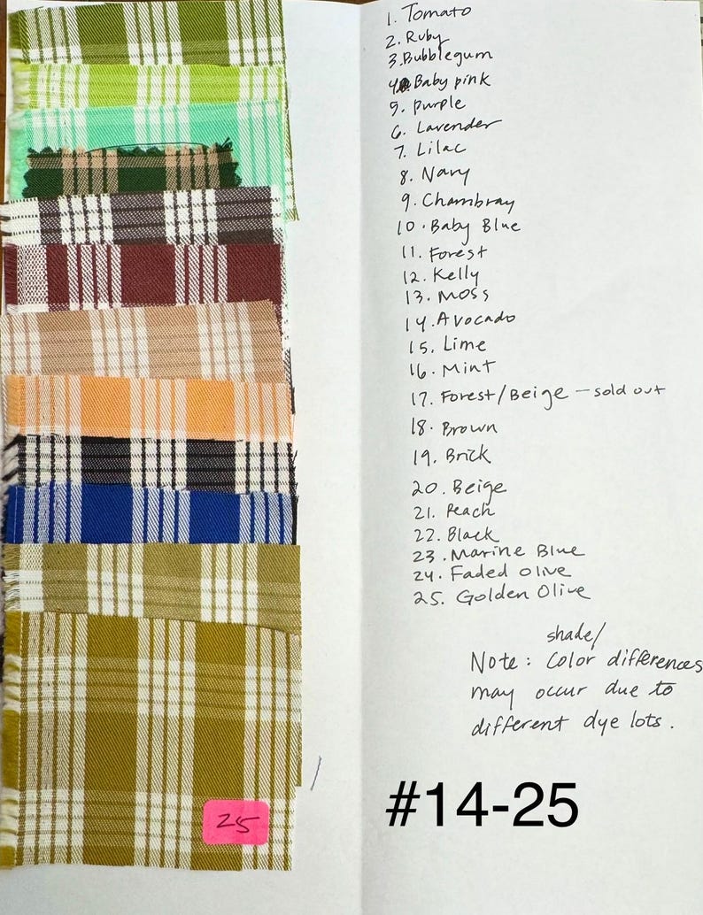May include: A collection of twenty-five fabric swatches featuring various plaid patterns in colors including green, blue, brown, and beige. A handwritten list labels each swatch from 1 to 25, with a note about dye lots and the text #14-25 at the bottom.