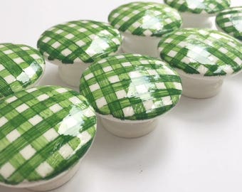 4 x GINGHAM CHECK KNOBS 50mm green white ceramic porcelain cupboard knob 333