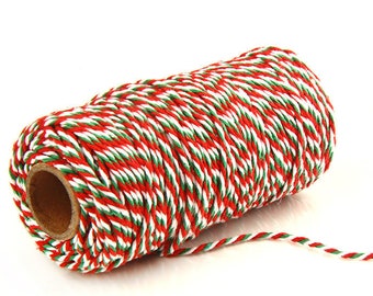 Christmas White, Red and Green Stripe Bakers Twine, 8 Ply -  110 Yards for Gift Wrap, Crafting, Presents and Finishing Touches