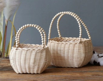 Rustic Wood Beads Willow Wedding Flower Girl Basket, Bridesmaid Basket, Flower Girl Gift, Hand Woven Basket, Vintage Wedding Basket