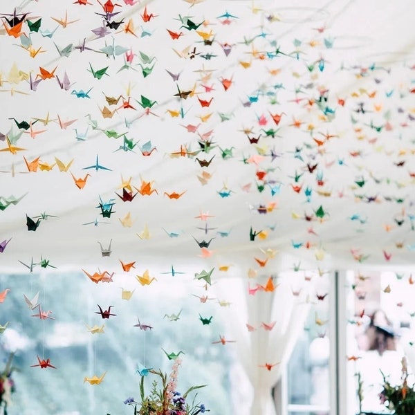 4" Rainbow Origami Cranes Garlands Strings - Wingspan 3.5" - Small Paper Cranes Wedding Decorations Wedding Backdrop Window Display