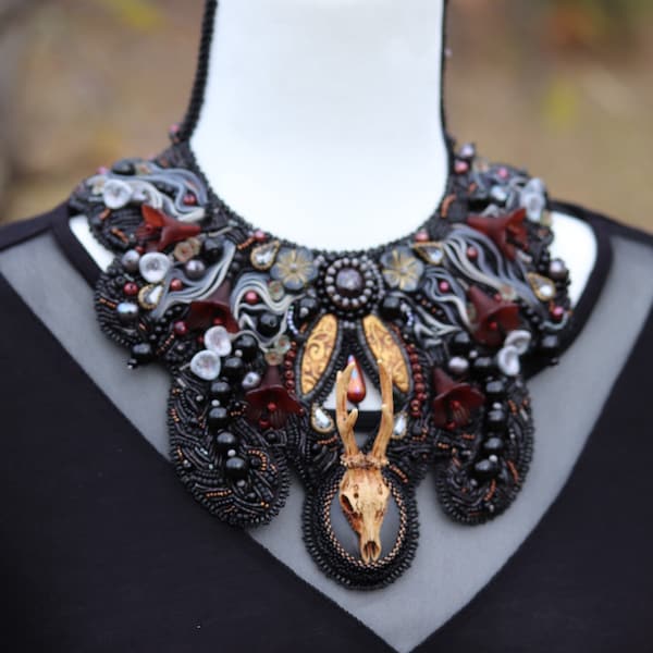 Deer Skull Bead Embroidered Necklace with Star Garnet, Pearls, Shibori Ribbon and Artisan Cabochons / “Grave Garden”