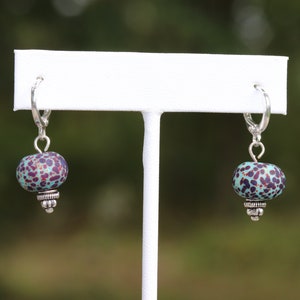 Purple & Sky Blue Speckled Artisan Glass Bead Earrings; Small Silver Latch Back Dangle Earrings