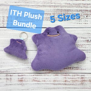 May include: A purple plush bundle featuring a large plush and a keychain plush. The plush toys have a smiling face with a light orange mouth. The text "ITH Plush Bundle" and "5 Sizes" are in the background.