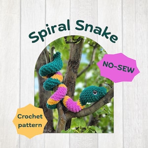 May include: A crochet pattern for a Spiral Snake, featuring a plush, coiled snake toy with alternating segments of dark green, bright pink, and yellow yarn. The text Spiral Snake, NO-SEW, and Crochet pattern are visible on the image.