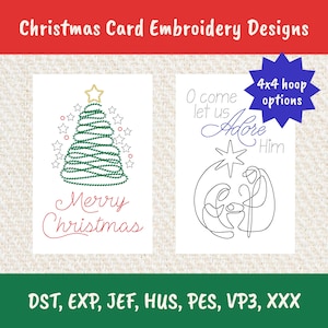 May include: Two Christmas card embroidery designs. One features a green Christmas tree with a gold star and the words "Merry Christmas" in red. The other design shows a nativity scene with the words "O come let us Adore Him".