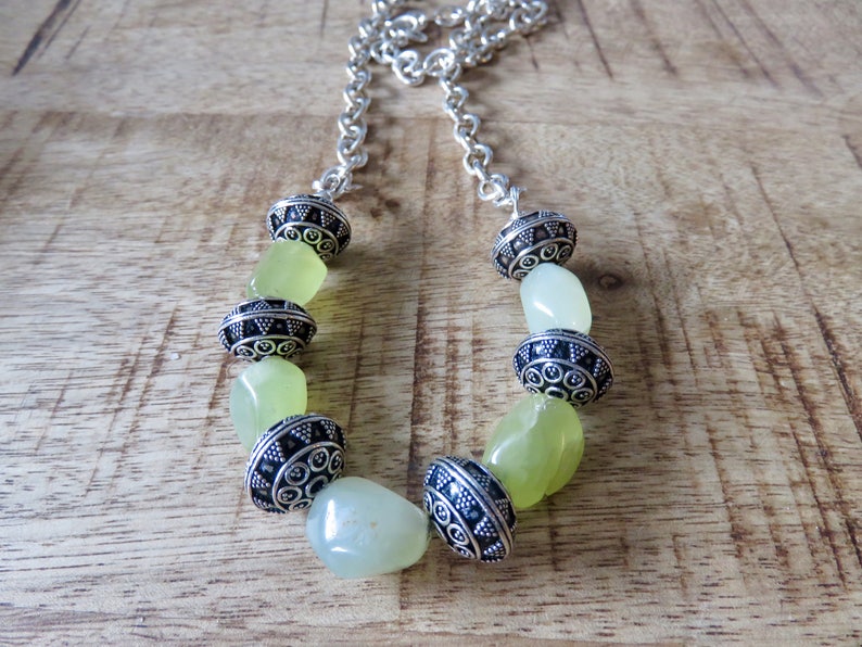Sterling Silver chain necklace with chunky Prehnite nuggets and large filigree Sterling Silver beads side closing with hook clasp