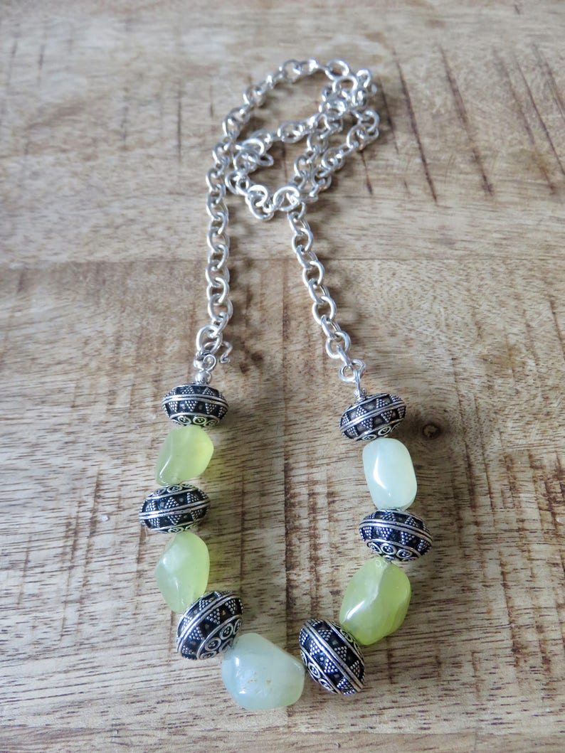 Sterling Silver chain necklace with chunky Prehnite nuggets and large filigree Sterling Silver beads side closing with hook clasp
