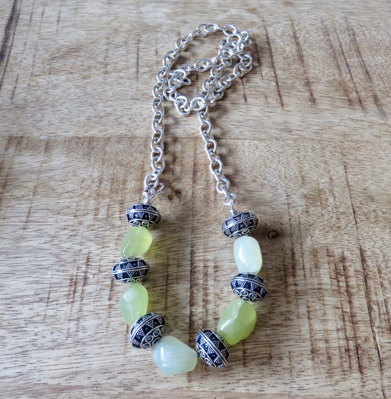 Sterling Silver chain necklace with chunky Prehnite nuggets and large filigree Sterling Silver beads side closing with hook clasp