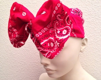 Mickey Mouse bandana, red bandana, rockabilly, rocky the riveter, wire headwrap, turban, bandana, tribal headwrap, ethnic headwrap, urban