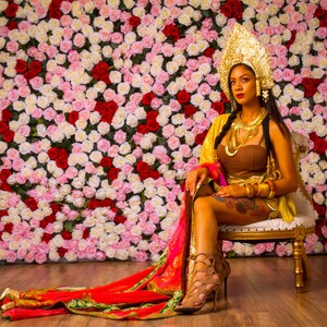 May include: A woman wearing a gold headpiece and a brown top sits on a gold chair. She is wearing gold jewelry and a red and gold patterned shawl. The background is a wall of pink and white roses.