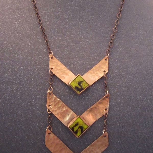 copper jewelry, copper necklace, Chevron necklace, necklace with stone, yellow necklace, long copper necklace, metal necklace, metal jewelry