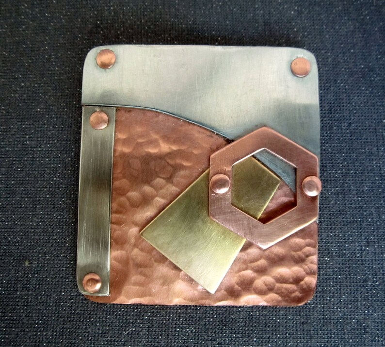 metal brooch geometric brooch mixed metal brooch steampunk brooch brooch women large metal brooch statement brooch, copper jewelry