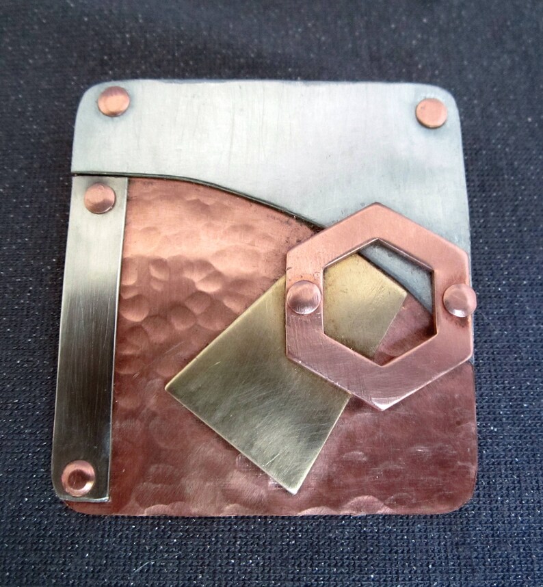 metal brooch geometric brooch mixed metal brooch steampunk brooch brooch women large metal brooch statement brooch, copper jewelry