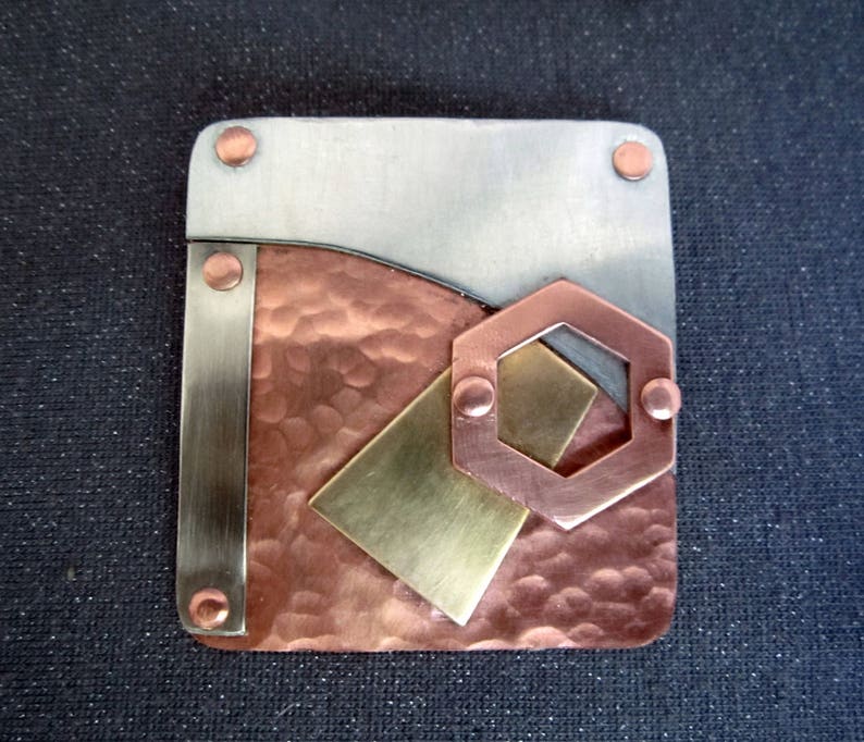 metal brooch geometric brooch mixed metal brooch steampunk brooch brooch women large metal brooch statement brooch, copper jewelry