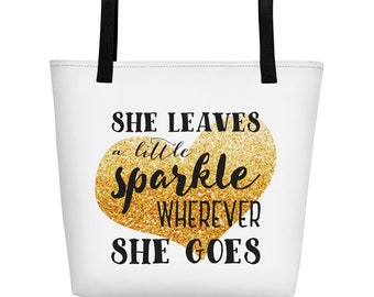 She Leaves A Little Sparkle Wherever She Goes Gold Glitter Heart Gold Bag Tote Bag Totebag Beach Bag Beach Tote