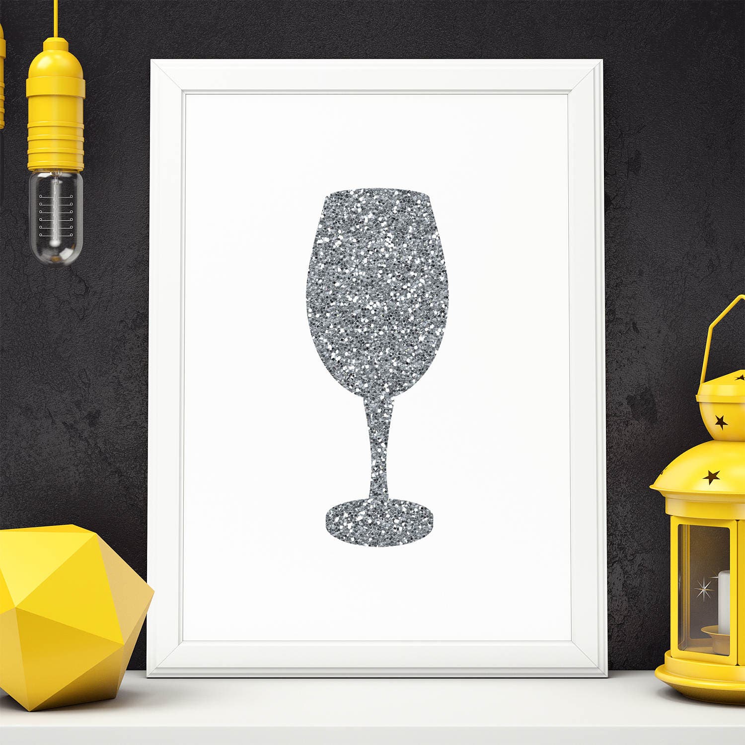 Wine Glass Printable Wine Glass Decor Silver Glitter Wine Art - Etsy UK