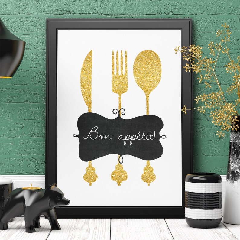 Bon Appetit Decor Gold Glitter Kitchen Utensils Print Kitchen Etsy
