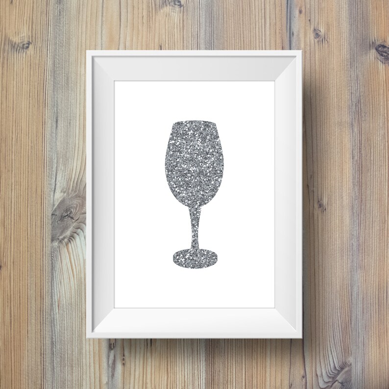 Wine Glass Printable Wine Glass Decor Silver Glitter Wine Art | Etsy